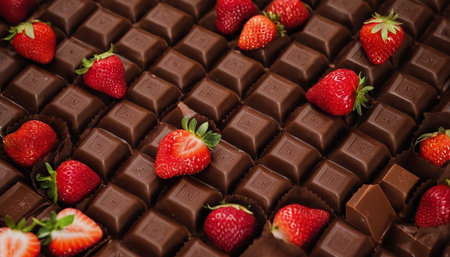 Strawberries and chocolate bar close-up on a dark backgroundの素材