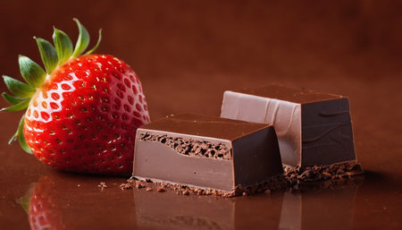 strawberry and chocolate on a brown background with a place for textの素材