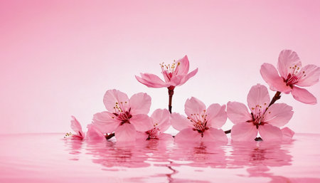 cherry blossom sakura flowers over pink background with water reflectionの素材