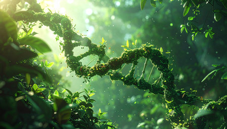 Biochemistry science concept. DNA molecules on green leaves background. 3d renderの素材
