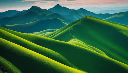 Beautiful green hills in the mountains at sunset. Tuscany, Italyの素材