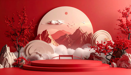 3d render of podium display with chinese style background,Chinese Festivals, Mid Autumn Festival.の素材