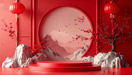 3d render of red podium for product display with cherry blossom and chinese lanterns.の素材