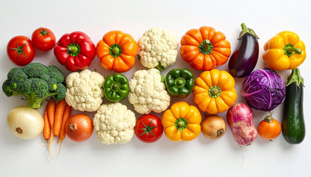 Fresh vegetables on white background. Healthy food concept. Top view.の素材