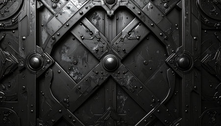 Black metal door with rivets and rivets. 3d illustrationの素材