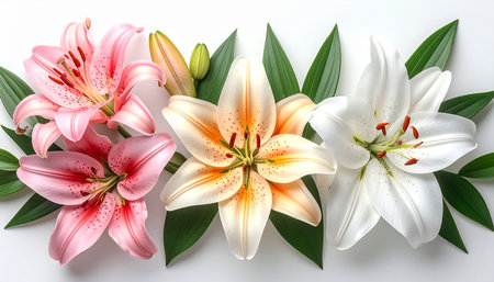 Beautiful lily flowers and green leaves on white background, top viewの素材