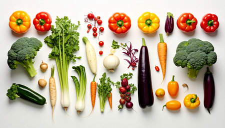 Variety of fresh vegetables on white background. Top view, flat layの素材