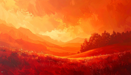 Beautiful landscape with meadow and mountains at sunset, vector illustrationの素材