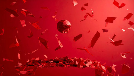 3d render of broken red glass with flying pieces of paper.の素材