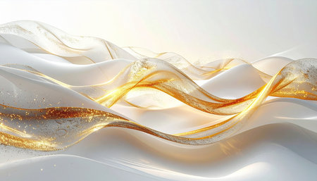 3d illustration of abstract wavy background with golden sparkles.の素材