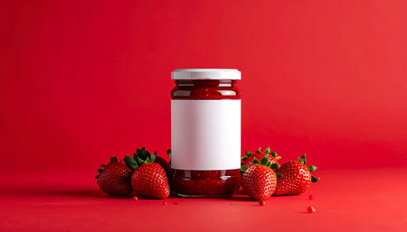 Strawberry jam in a jar on a red background. Copy space.の素材