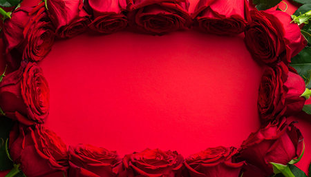 Red roses on red background with copy space. Valentines day concept.の素材