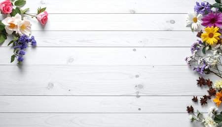 Flowers composition on white wooden background. Flat lay, top view, copy spaceの素材