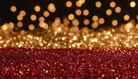 Red and gold glitter bokeh background. Christmas and New Yearの素材