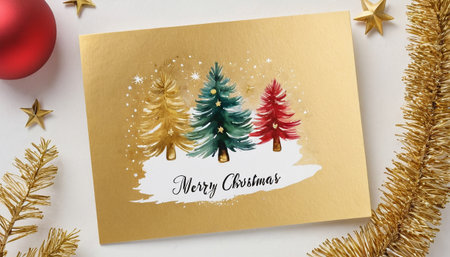 Christmas greeting card with christmas tree and ornaments on white backgroundの素材