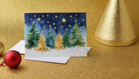 Christmas card with fir tree and christmas decoration on golden glitter backgroundの素材
