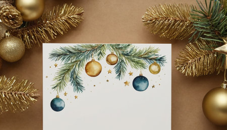 Christmas greeting card mockup with fir tree branches and golden baublesの素材