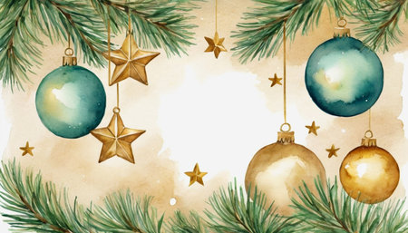 Watercolor Christmas background with fir branches, Christmas balls and stars.の素材