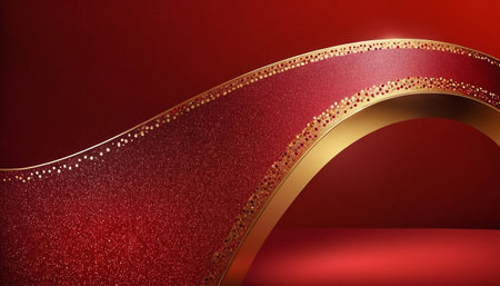 Red background with golden elements. 3d rendering, 3d illustration.の素材