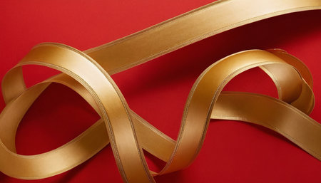 Golden ribbon on a red background, close-up, top viewの素材