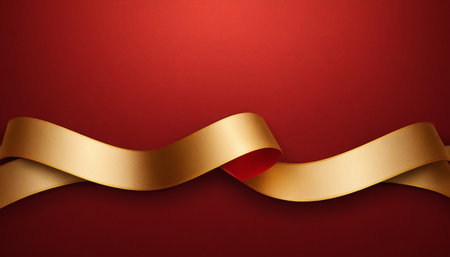 Golden ribbon on red background. Festive background with copy space.の素材
