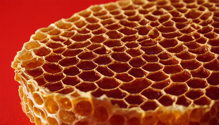 Close up view of the sweet honeycomb on a red background.の素材