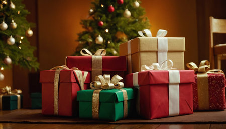 Christmas presents under christmas tree on wooden floor with lights in backgroundの素材
