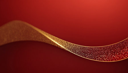 Abstract gold ribbon on a red background. 3d render illustration.の素材