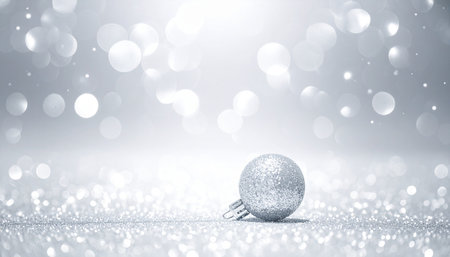 Silver christmas ball on glitter bokeh background. 3D renderingの素材