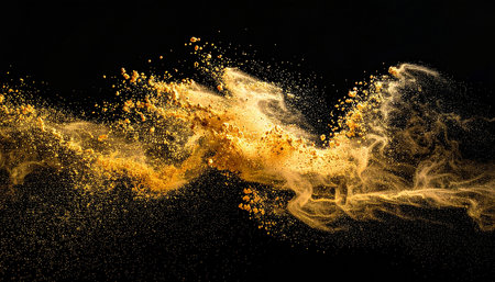 Explosion of yellow powder isolated on black background. 3d renderingの素材