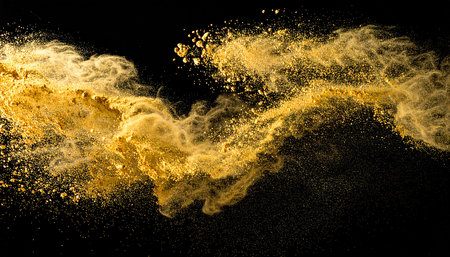 Golden powder explosion isolated on black background. Abstract golden dust cloud.の素材
