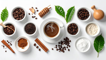 Coffee and ingredients on white background, top view. Flat layの素材