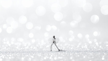 Miniature people : Businessman walking on silver glitter bokeh background.の素材