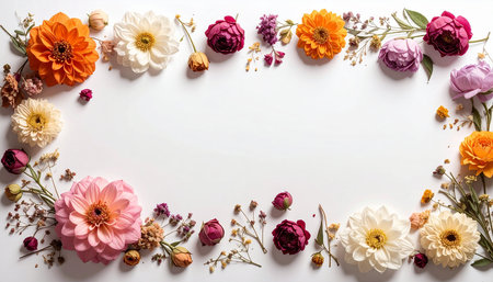 Flowers composition. Frame made of dried flowers on white background. Flat lay, top view, copy spaceの素材