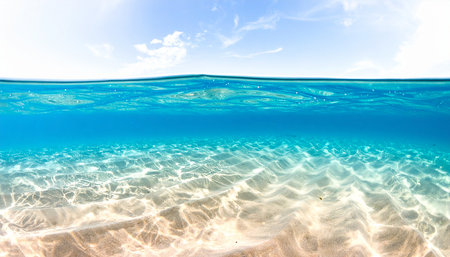 Tropical beach with clear water and white sand under blue skyの素材