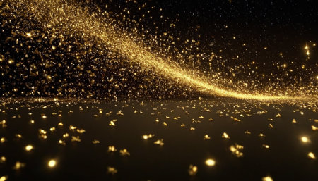 golden glitter particles and bokeh lights defocused abstract backgroundの素材