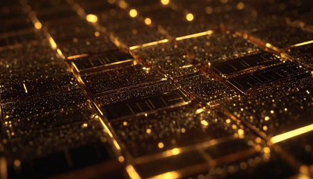 golden microchips on a black background, close-upの素材