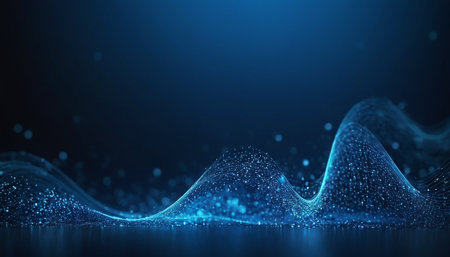 3D abstract digital wave with particles and lines on dark blue backgroundの素材