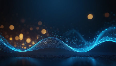 3D illustration of abstract digital wave with particles and bokeh on dark backgroundの素材