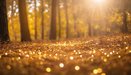 Golden autumn forest with lights and bokeh, shallow depth of fieldの素材