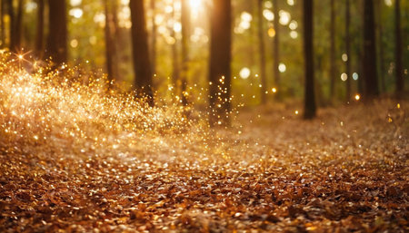 Sunlight in the autumn forest. Beautiful nature background with sun rays.の素材