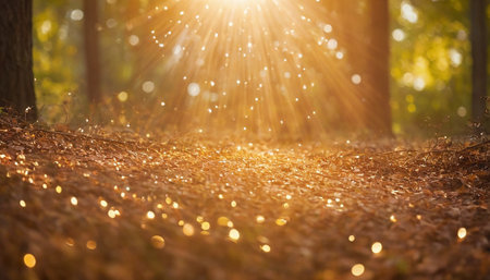 Autumn forest with sun rays and bokeh. Nature backgroundの素材