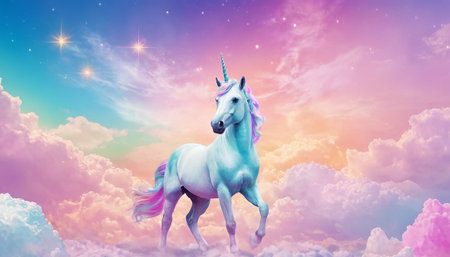 Unicorn in the sky with clouds. 3D illustration.の素材