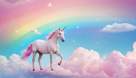 Unicorn on rainbow background with clouds and stars. 3d renderingの素材