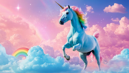 Unicorn in the sky with rainbow and clouds. 3d renderingの素材