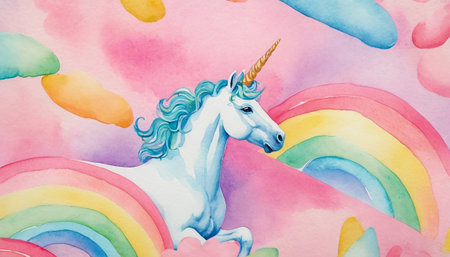 Unicorn watercolor illustration. Rainbow, clouds, rainbow.の素材