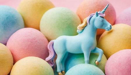 Unicorn and colorful Easter eggs on pastel background, close upの素材