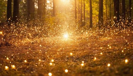 Falling golden lights in the autumn forest. Beautiful nature background.の素材