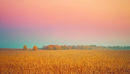 Beautiful autumn landscape with yellow field and blue sky, retro tonedの素材