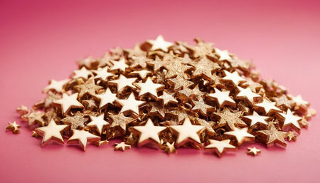 Golden stars on a pink background. Shallow depth of field.の素材